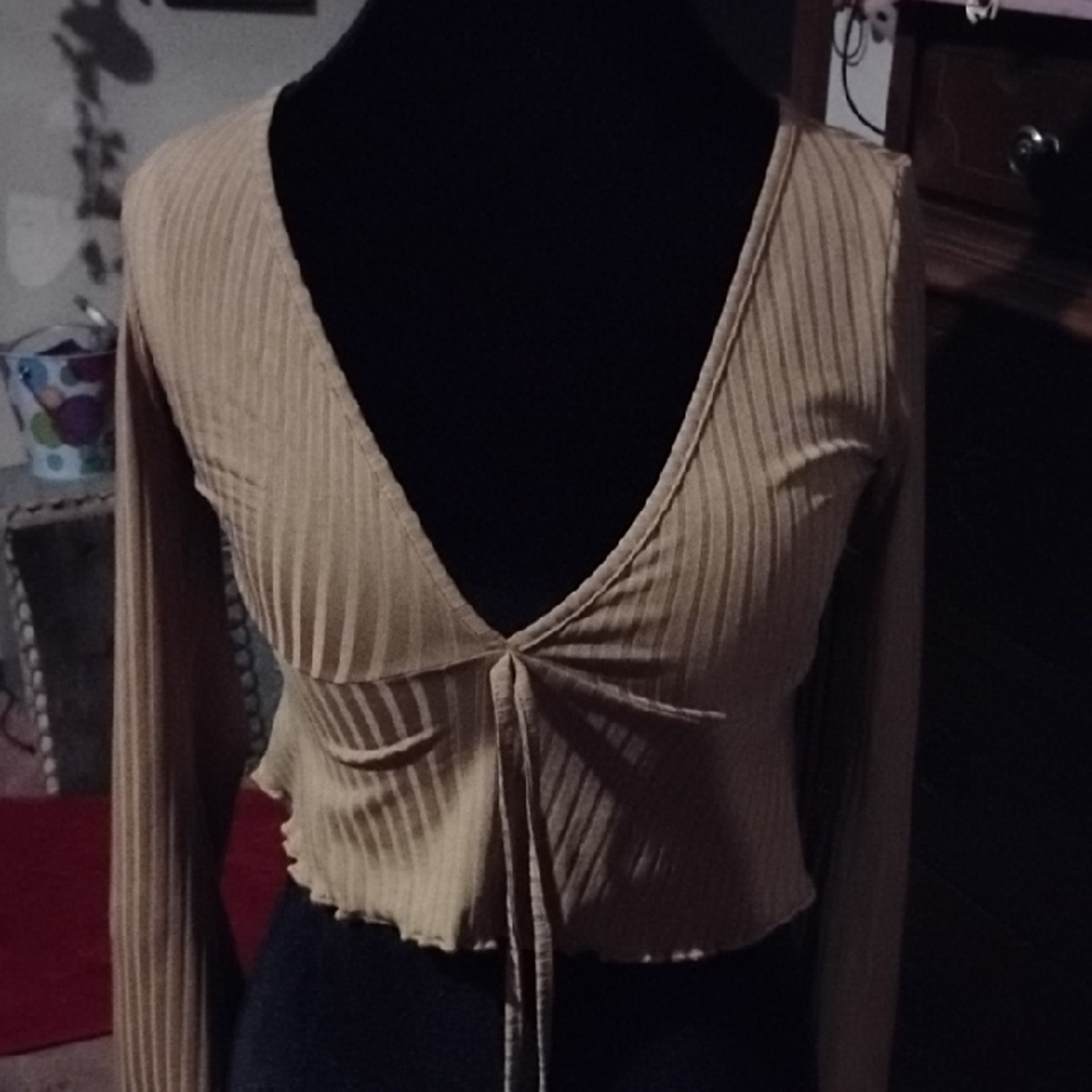 Tan Ribbed Long Sleeve Crop Top